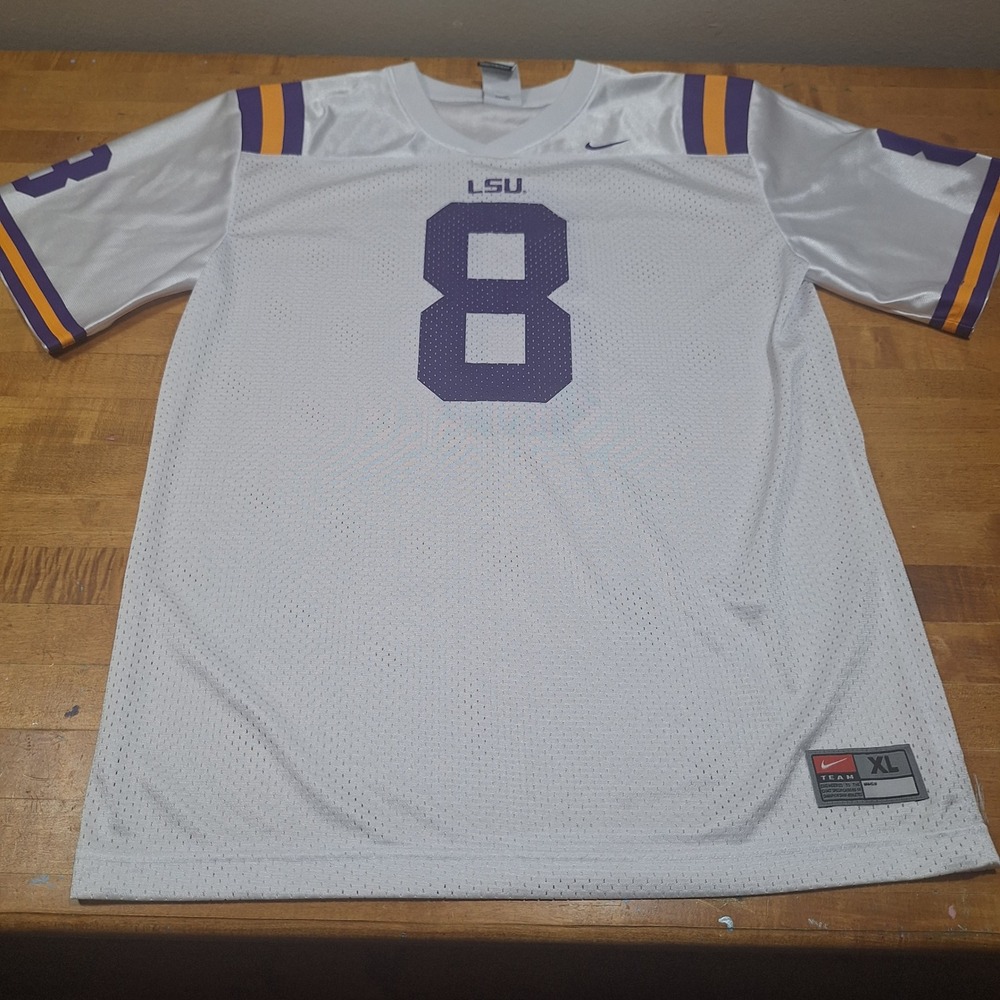 Nike LSU Tigers Football Jersey Kids XL White Purple Gold Number 8 NCAA Fan Gear